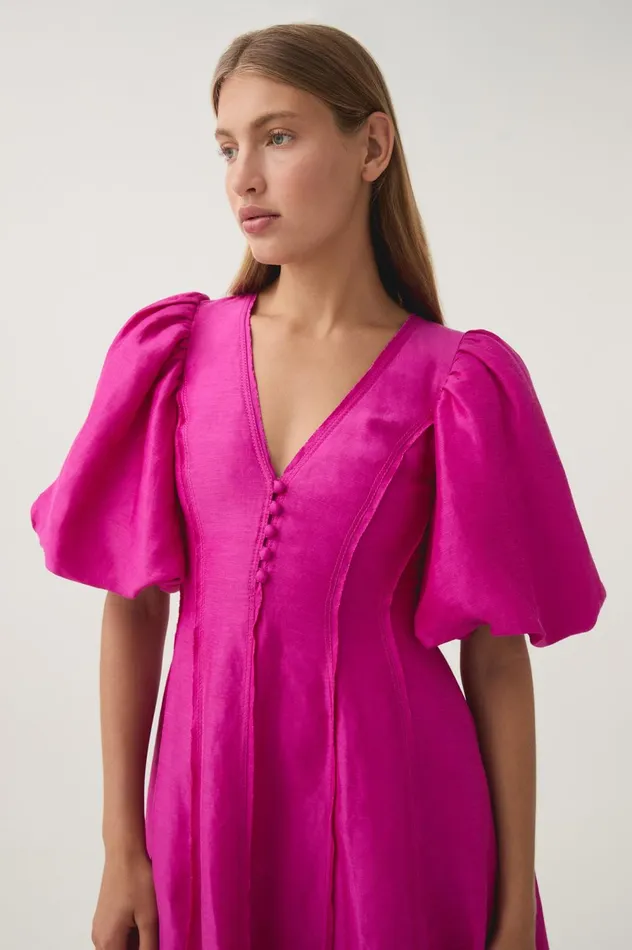 Dusk Puff Sleeve Midi Dress Deep Magenta Women Aje Pink Dresses