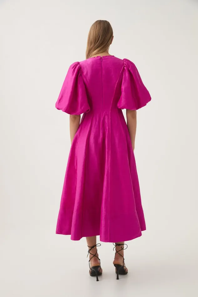 Dusk Puff Sleeve Midi Dress Deep Magenta Women Aje Pink Dresses