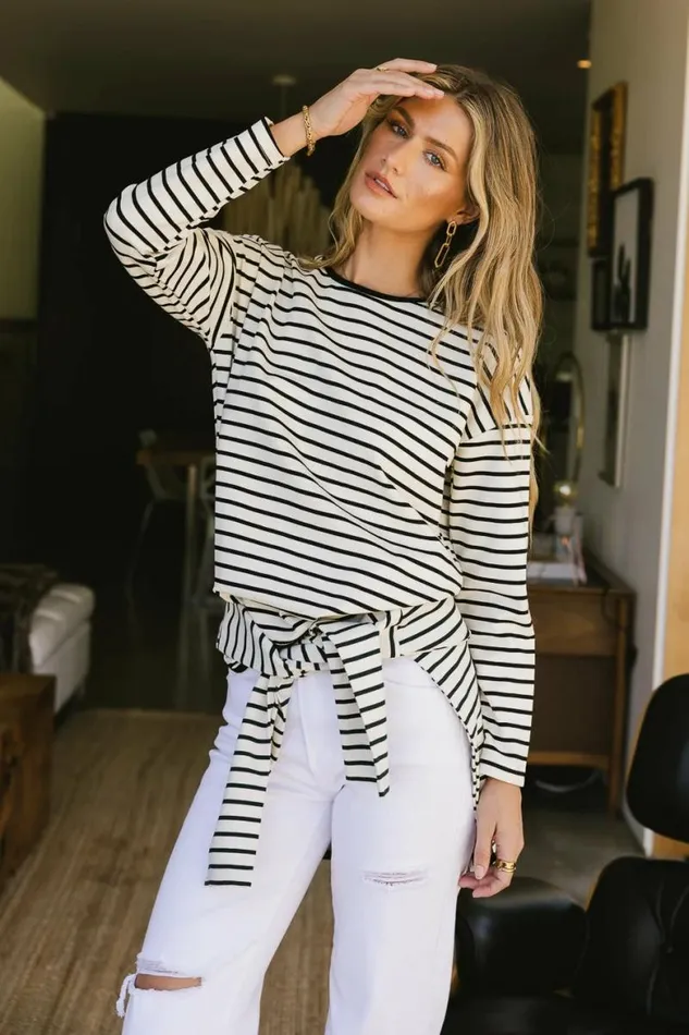Farah Striped Top In Black Black Women Bohme Tees and Tanks