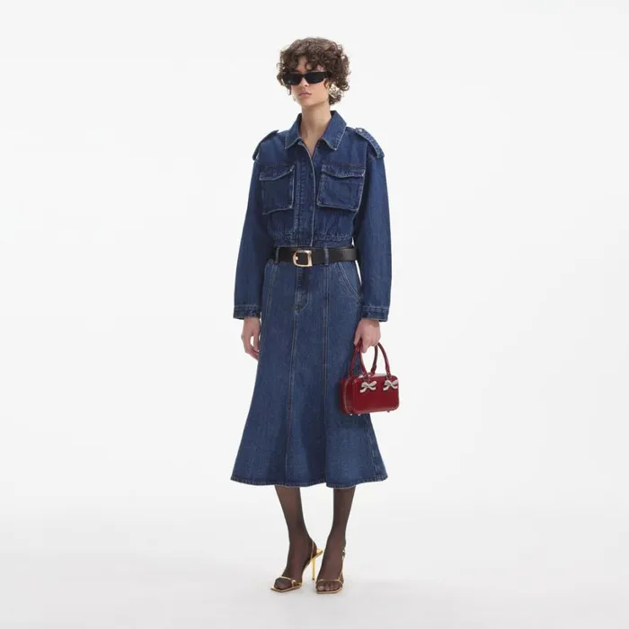 Flared Denim Midi Skirt Women Self Portrait Denim