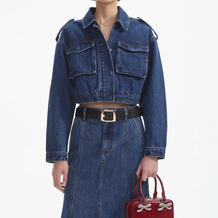 Flared Denim Midi Skirt Women Self Portrait Denim