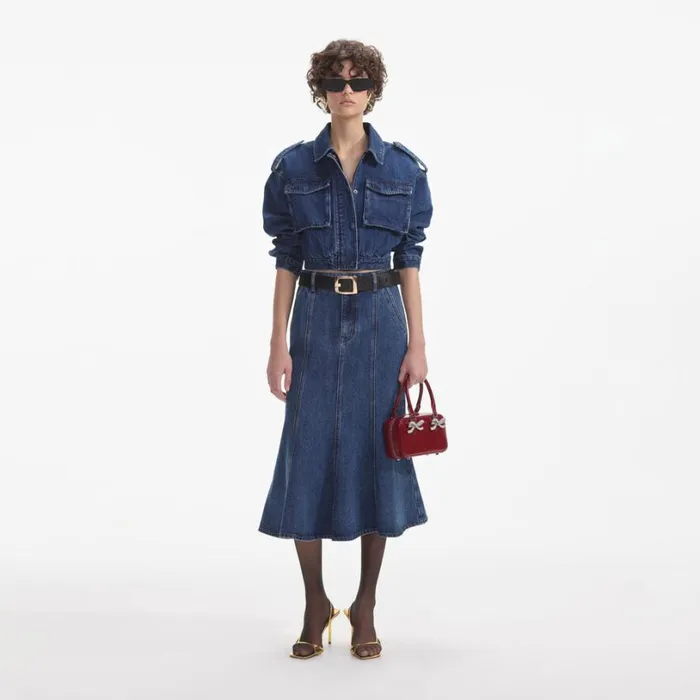 Flared Denim Midi Skirt Women Self Portrait Denim