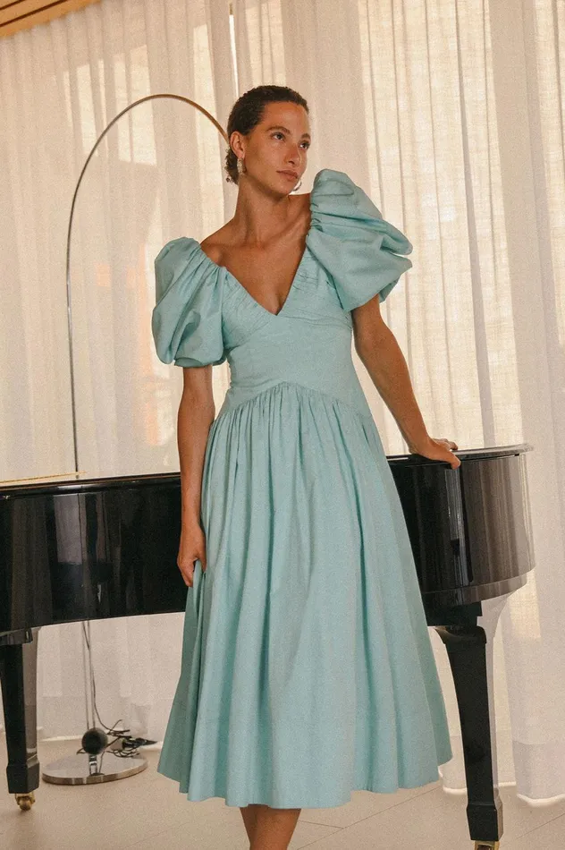 Gabrielle Plunge Midi Dress Spearmint Blue Women Aje Midi Dresses