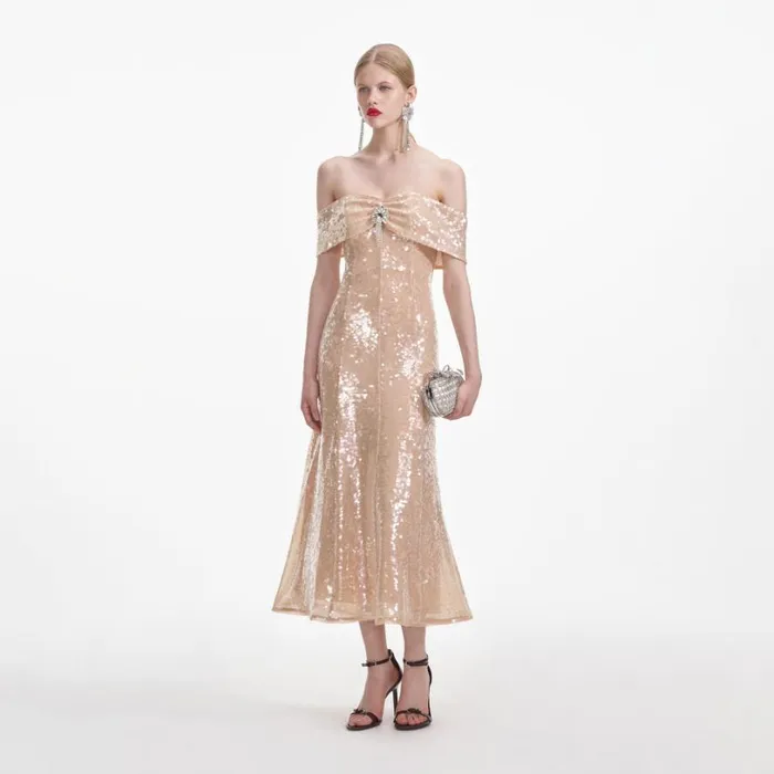 Gold Sequin Off Shoulder Midi Dress Women Self Portrait Dresses Gold Sequin Off Shoulder Midi Dress Women Self Portrait Dresses