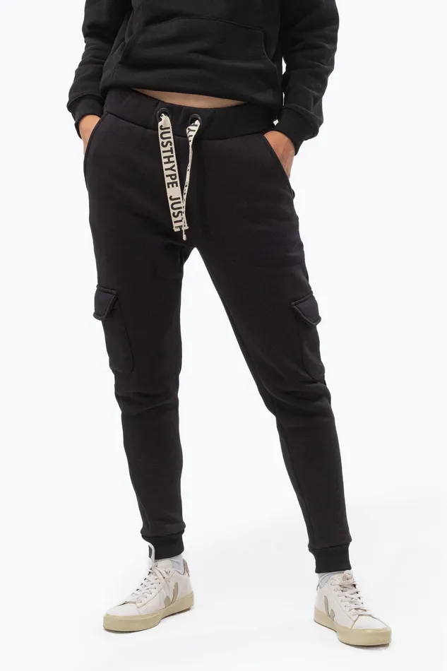Just Hype Joggers Justhype Womens Black Branded Drawcord Cargo Joggers