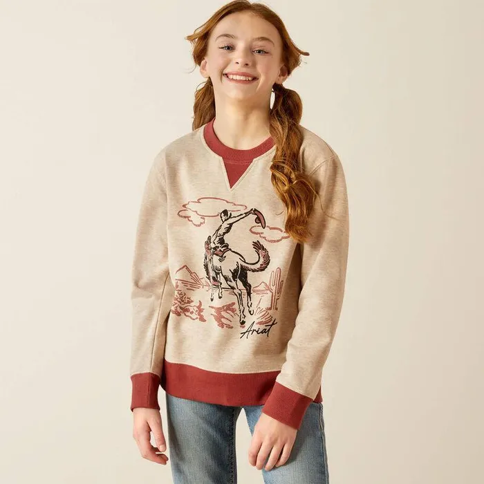 Kids Sweatshirts and Hoodies Ariat Bronc Junior Sweatshirt Oatmeal Heathermarsala