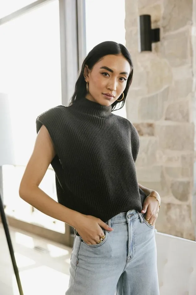 Kippa Shoulder Pad Sweater In Charcoal Charcoal Women Bohme Tops