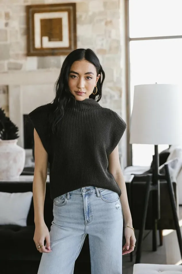 Kippa Shoulder Pad Sweater In Charcoal Charcoal Women Bohme Tops