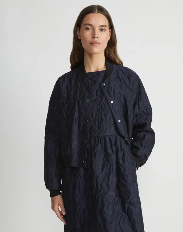 Lafayette 148 New York Flora Bloom Cloqu Jacquard CottonSilk Bomber Jacket Midnight Blue Ready To Wear Jackets and Blazers