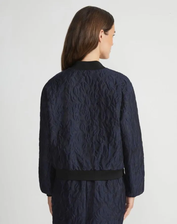 Lafayette 148 New York Flora Bloom Cloqu Jacquard CottonSilk Bomber Jacket Midnight Blue Ready To Wear Jackets and Blazers
