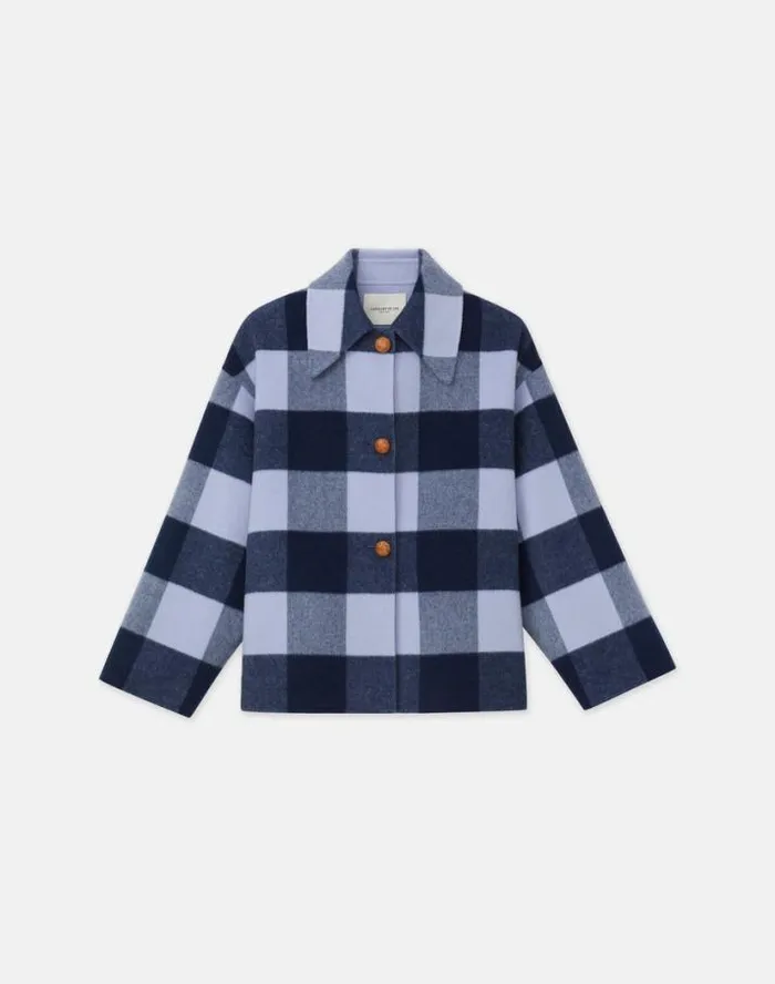 Lafayette 148 New York Gingham WoolCashmere Double Face Oversized Swing Coat Midnight Blue Multi Ready To Wear Jackets and Blazers Lafayette 148 New York Gingham WoolCashmere Double Face Oversized Swing Coat Midnight Blue Multi Ready To Wear Jackets and Blazers