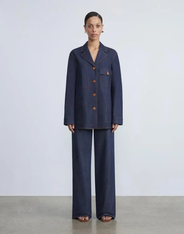 Lafayette 148 New York L148 Denim ALine Chore Jacket Shipyard Indigo Ready To Wear Jackets and Blazers