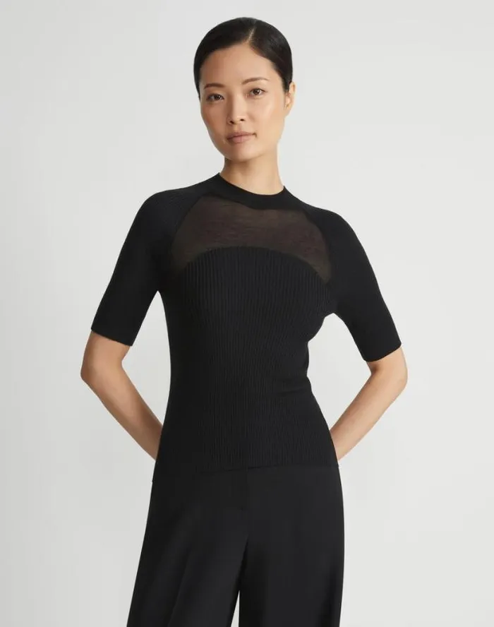 Lafayette 148 New York MerinoSilk Ribbed Sheer Yoke Sweater Black Ready To Wear Sweaters and Knits