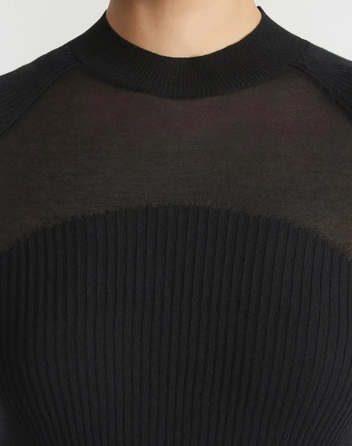 Lafayette 148 New York MerinoSilk Ribbed Sheer Yoke Sweater Black Ready To Wear Sweaters and Knits