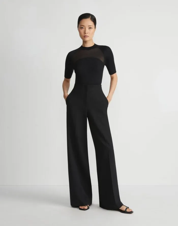 Lafayette 148 New York MerinoSilk Ribbed Sheer Yoke Sweater Black Ready To Wear Sweaters and Knits