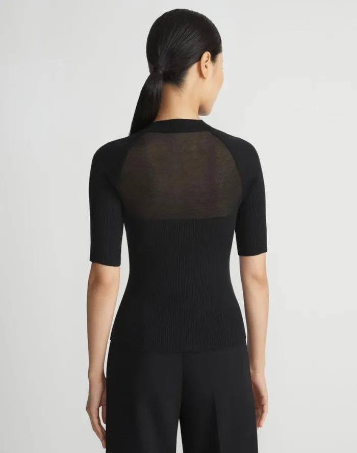 Lafayette 148 New York MerinoSilk Ribbed Sheer Yoke Sweater Black Ready To Wear Sweaters and Knits