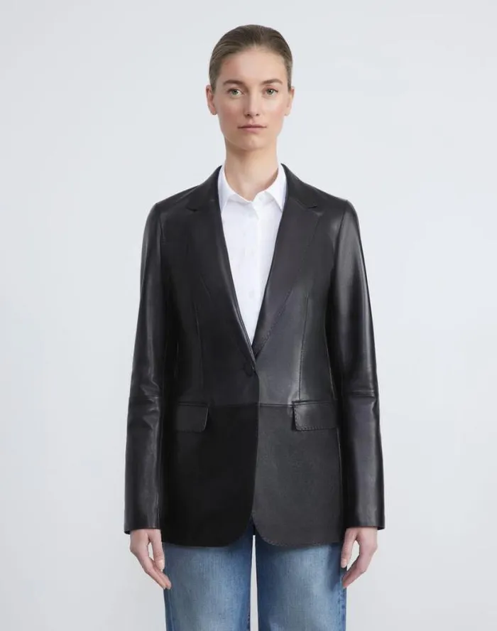 Lafayette 148 New York Nappa Leather Blazer Midnight Blue Ready To Wear Leathers and Suedes