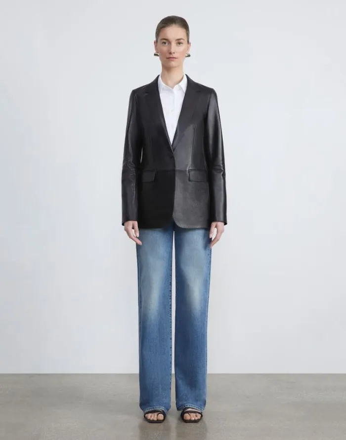 Lafayette 148 New York Nappa Leather Blazer Midnight Blue Ready To Wear Leathers and Suedes