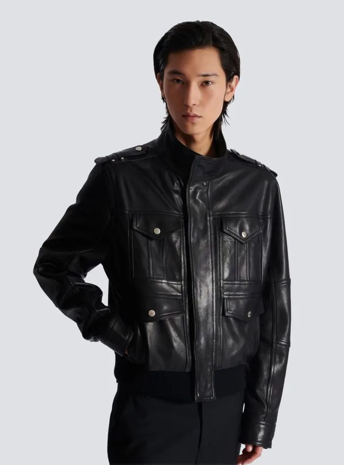 Lambskin Leather Jacket With 4 Pockets Black Men Balmain Outerwear