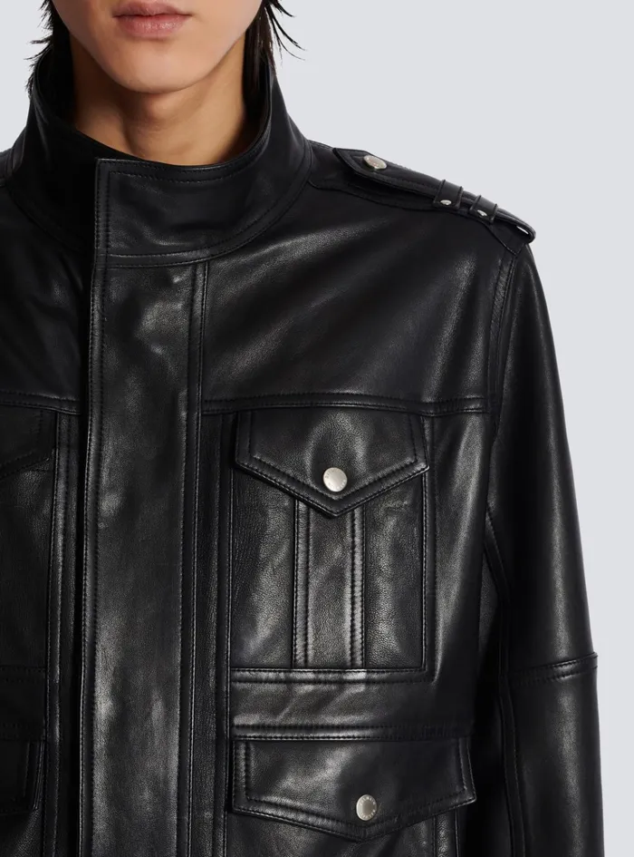 Lambskin Leather Jacket With 4 Pockets Black Men Balmain Outerwear