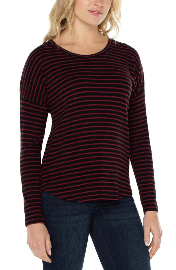 Liverpool Los Angeles LONG SLEEVE SCOOP NECK TOP Red Black Stripe Women TSHIRTS