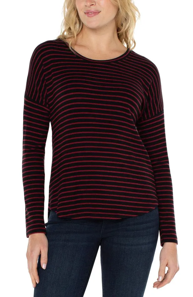 Liverpool Los Angeles LONG SLEEVE SCOOP NECK TOP Red Black Stripe Women TSHIRTS