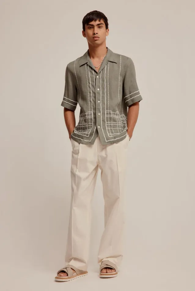 Man Venroy Shirts Embroidered Linen Relaxed Camp Collar