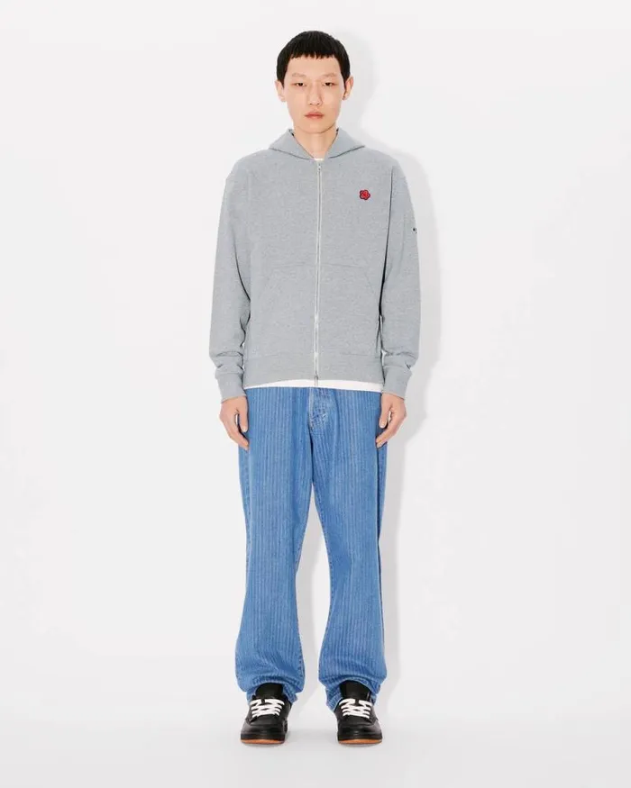 Men 039Boke Flower039 Embroidered Zipped Hoodie In Cotton Pearl Grey Kenzo Sweatshirts And Hoodies