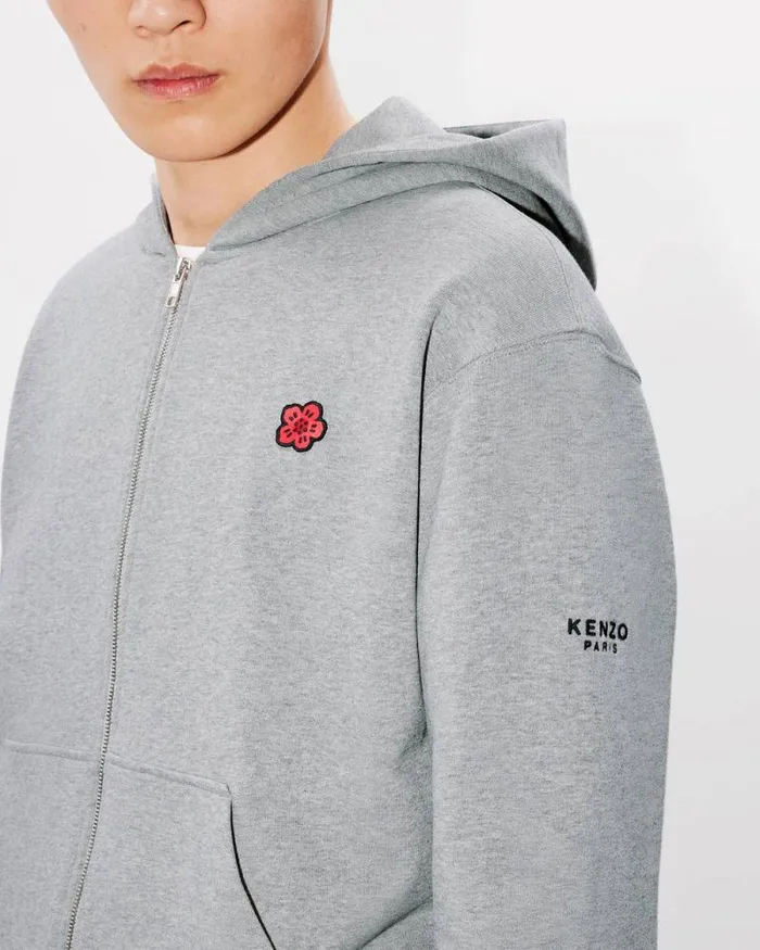 Men 039Boke Flower039 Embroidered Zipped Hoodie In Cotton Pearl Grey Kenzo Sweatshirts And Hoodies