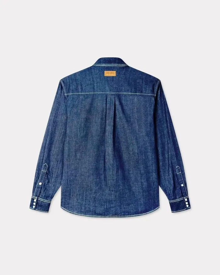Men 039KENZO Creations039 Embroidered Western Shirt In Japanese Denim Rinse Blue Denim Kenzo Shirts