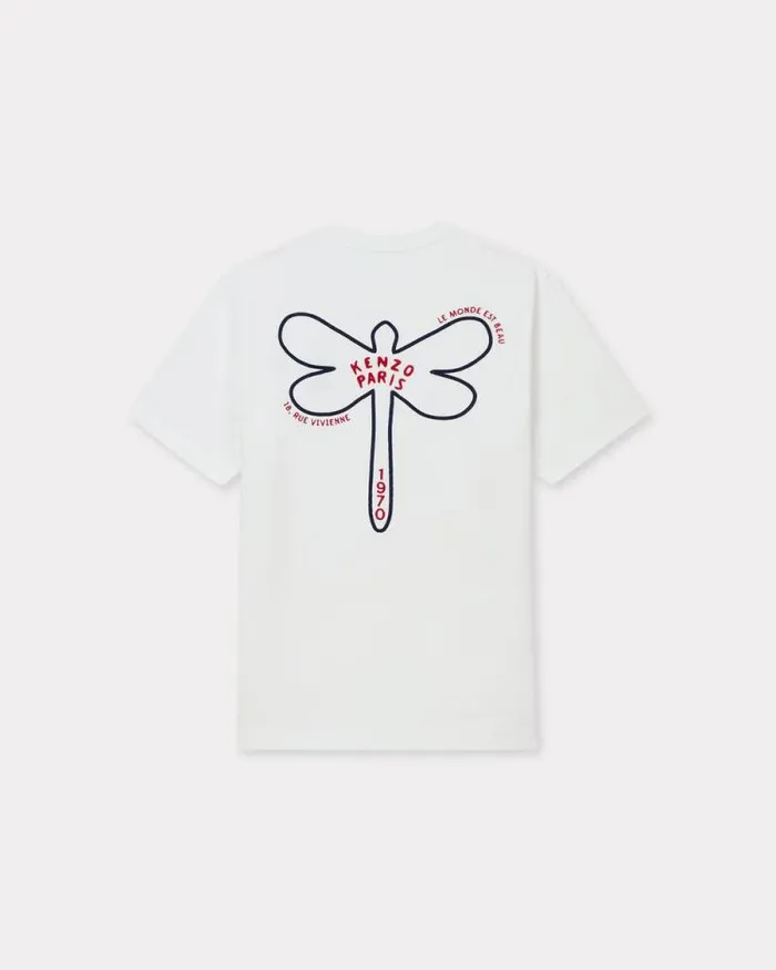 Men 039KENZO Dragonfly039 Embroidered Tshirt In Cotton Off White Kenzo Tshirts And Polos