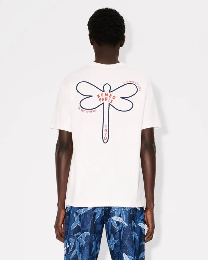 Men 039KENZO Dragonfly039 Embroidered Tshirt In Cotton Off White Kenzo Tshirts And Polos