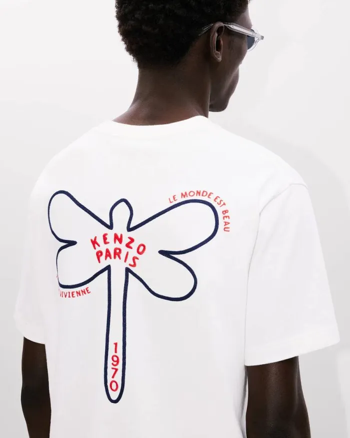 Men 039KENZO Dragonfly039 Embroidered Tshirt In Cotton Off White Kenzo Tshirts And Polos