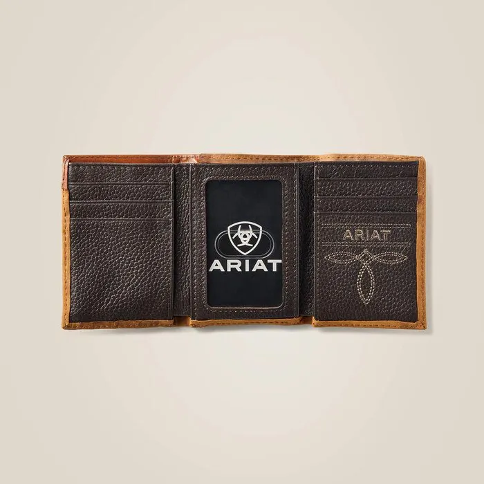 Men Bags and Wallets Ariat Trifold Wallet Floral Embroidery Run Stitch Medium Brown