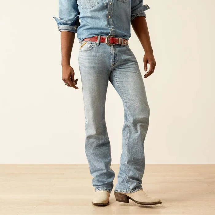 Men Denim Ariat M5 Straight Yellowstone Rider Straight Leg Jeans Light Distressed