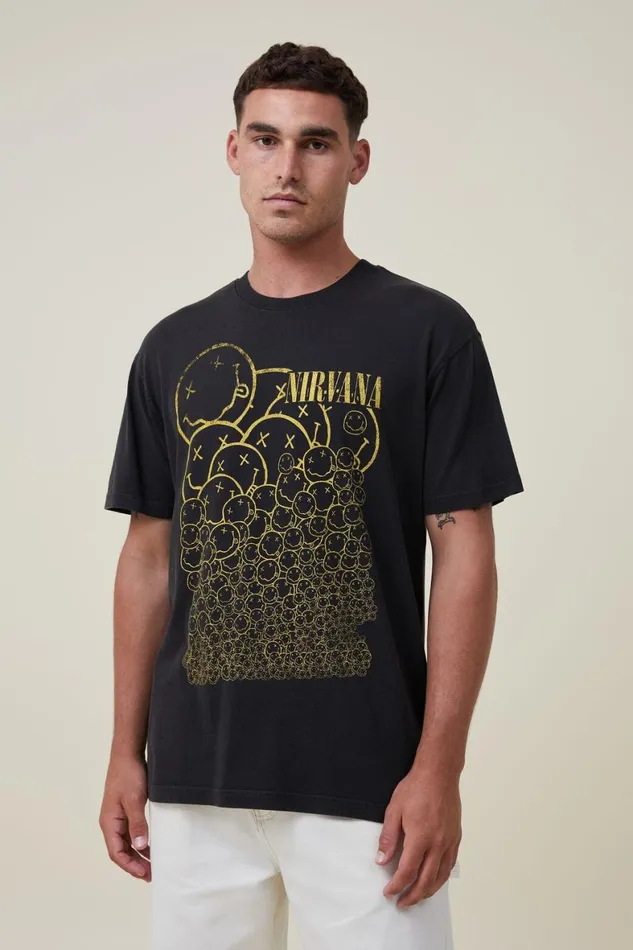 Men Graphic TShirts Cotton On Premium Loose Fit Music TShirt Lcn Mt Washed Blacknirvanasmiley Repeat