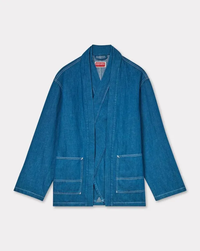 Men Kimono Jacket In Japanese Linen Denim Rinse Blue Denim Kenzo Denim