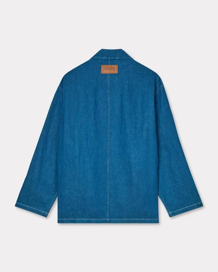 Men Kimono Jacket In Japanese Linen Denim Rinse Blue Denim Kenzo Denim