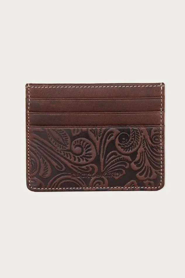 Men Lucky Brand Bags and Wallets Western Embossed Leather Card Case Dark Brown