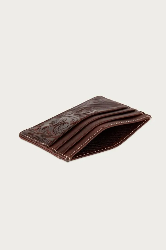 Men Lucky Brand Bags and Wallets Western Embossed Leather Card Case Dark Brown