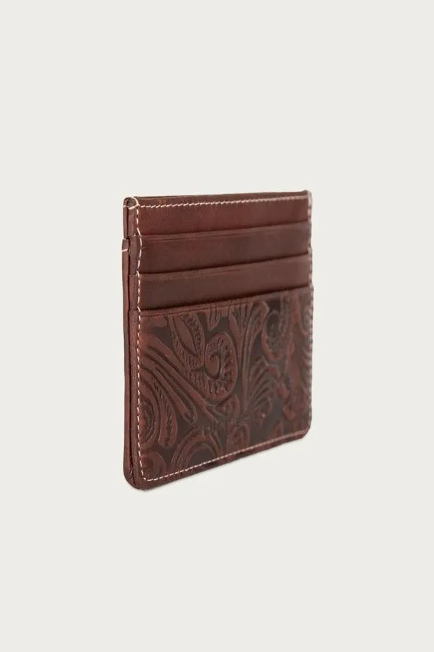 Men Lucky Brand Bags and Wallets Western Embossed Leather Card Case Dark Brown
