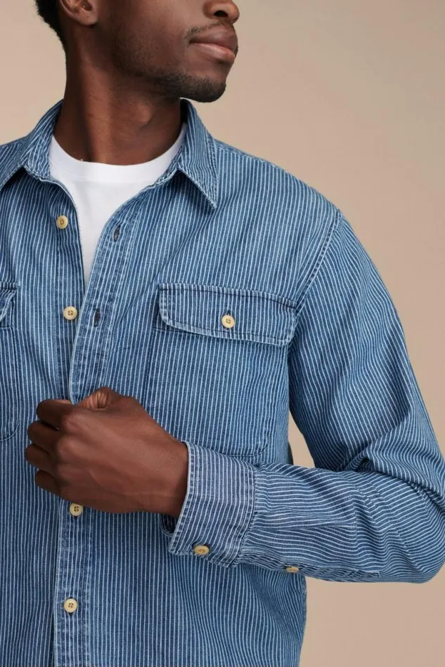 Men Lucky Brand ButtonDowns Railroad Stripe Denim Utility Long Sleeve Shirt Bayview