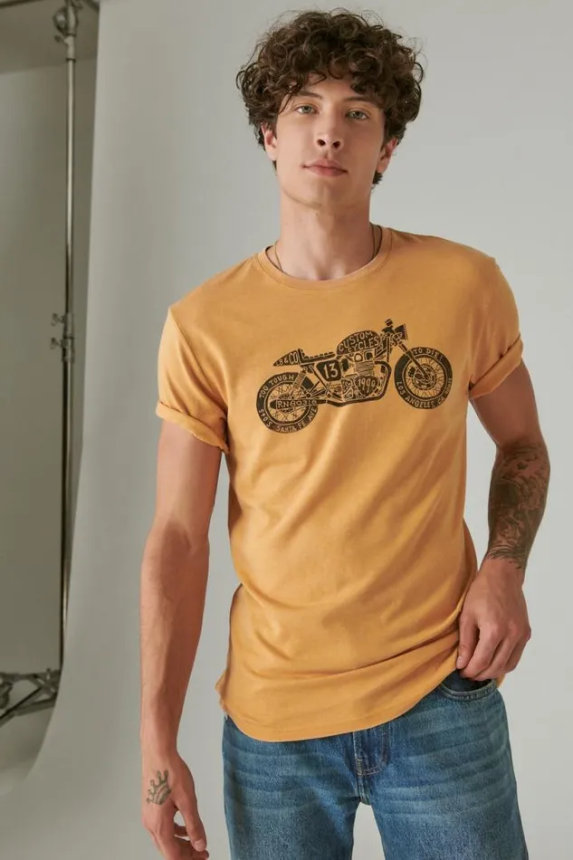Men Lucky Brand Graphic Tees Moto Bike Spruce Yellow