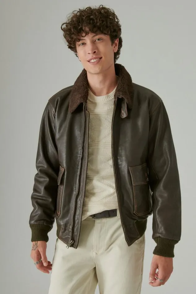 Men Lucky Brand Jackets and Outerwear Leather Flight Jacket Brown