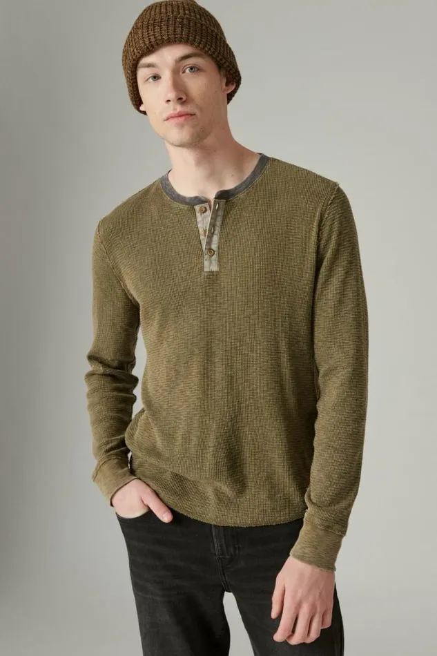 Men Lucky Brand Shirts and Tops Acid Wash Thermal Henley W Contrast Placket Green Multi