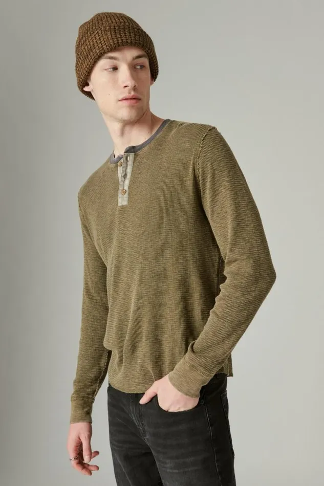 Men Lucky Brand Shirts and Tops Acid Wash Thermal Henley W Contrast Placket Green Multi