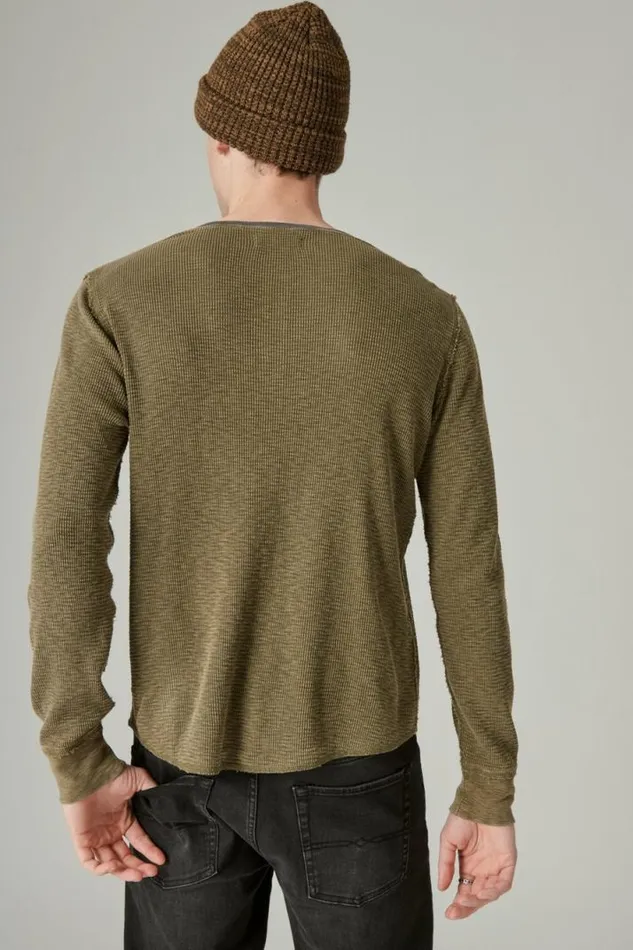 Men Lucky Brand Shirts and Tops Acid Wash Thermal Henley W Contrast Placket Green Multi