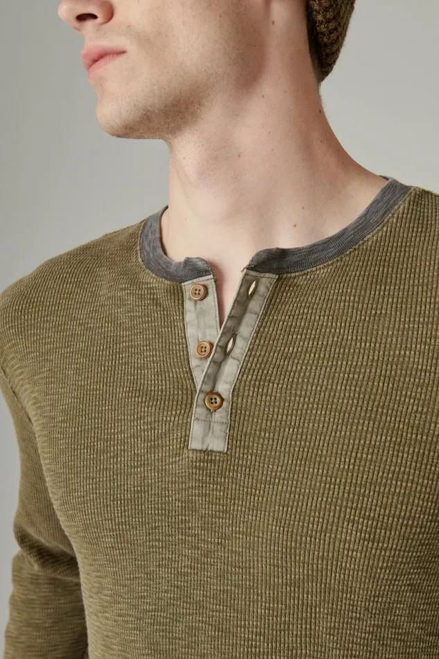 Men Lucky Brand Shirts and Tops Acid Wash Thermal Henley W Contrast Placket Green Multi
