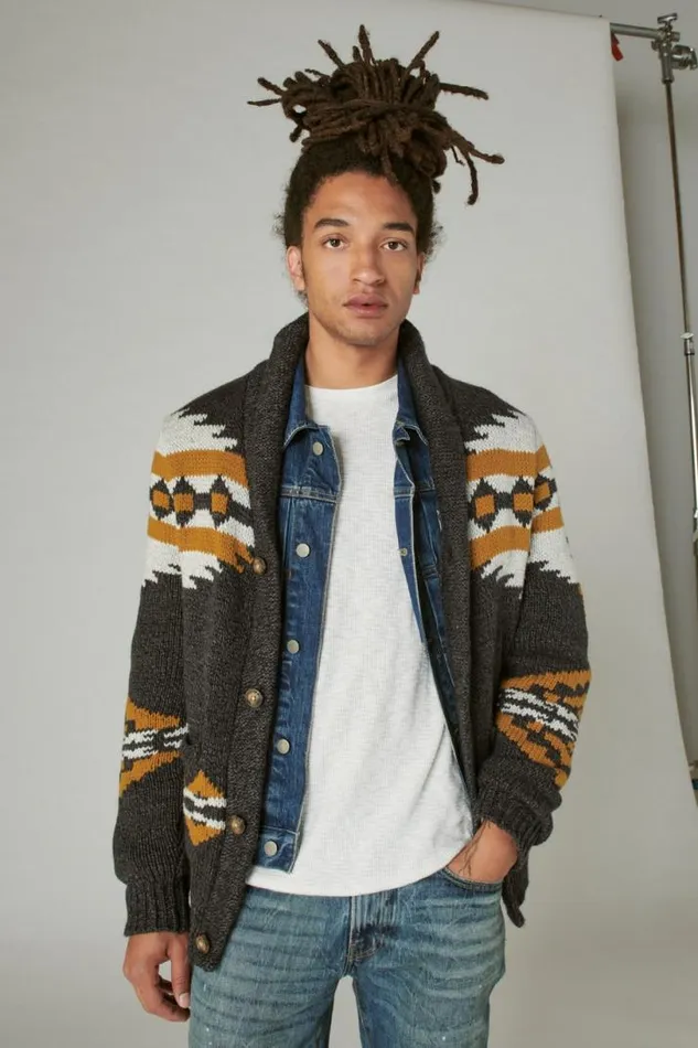 Men Lucky Brand Sweaters Legacy Print Shawl Cardigan Charcoal Combo