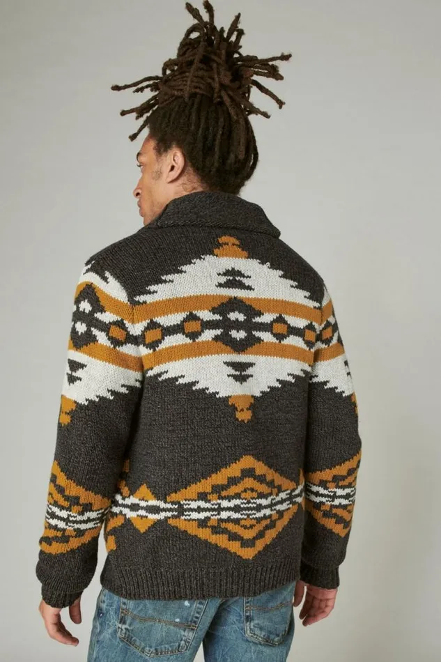 Men Lucky Brand Sweaters Legacy Print Shawl Cardigan Charcoal Combo